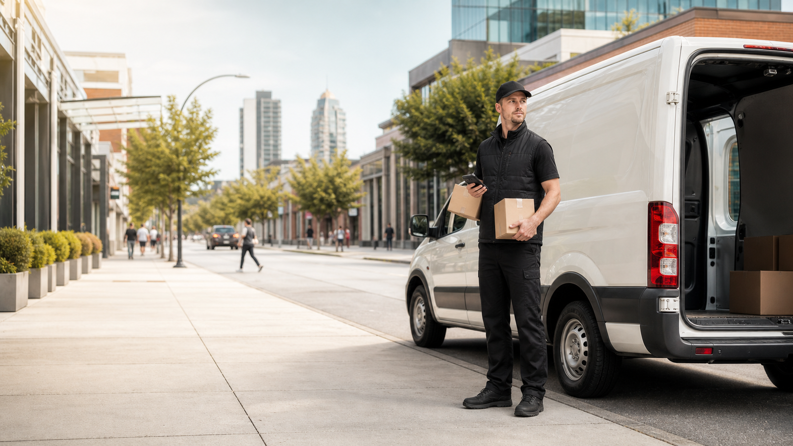 Sparkle Express delivery professional beside a delivery van